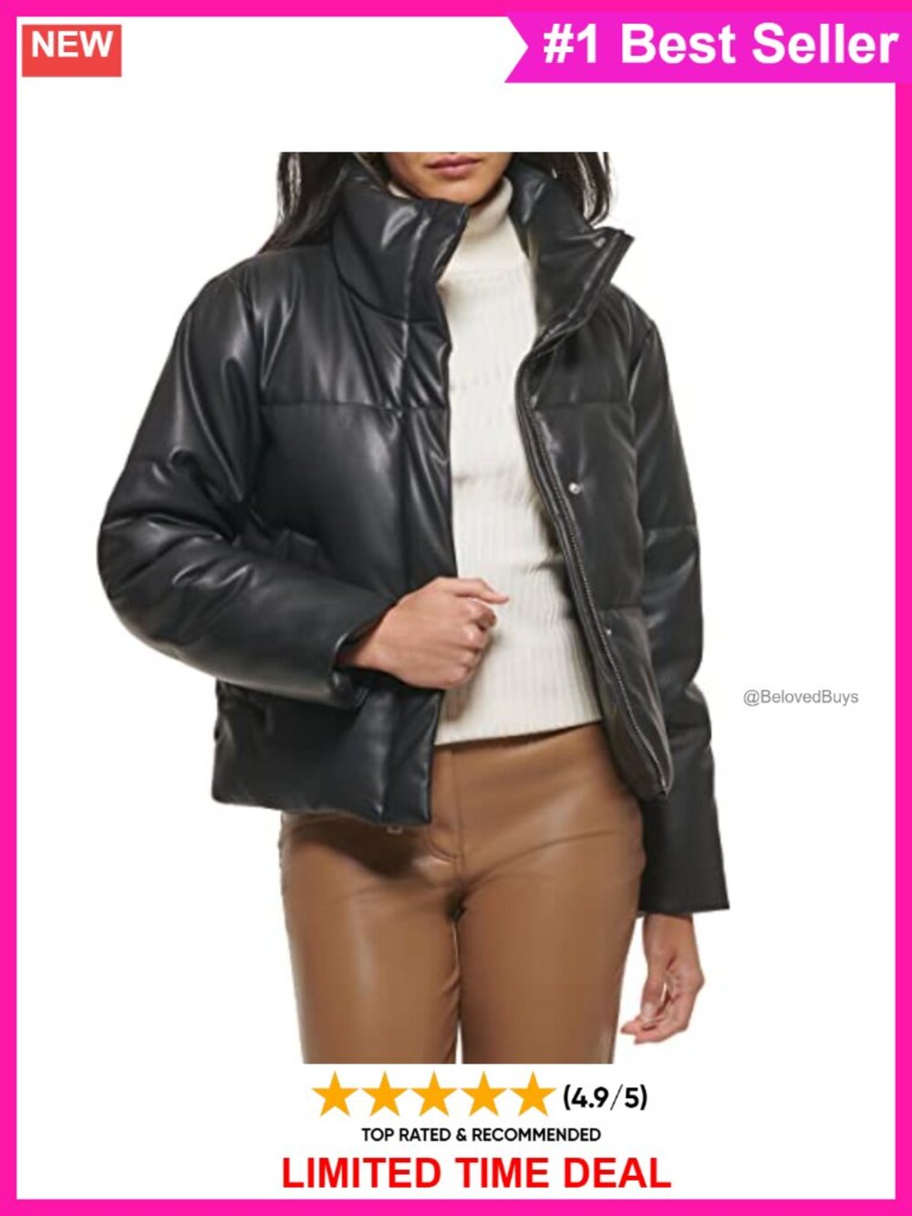 Vegan Leather Quilted Short Puffer Coat Water-Resistant Women's Jacket